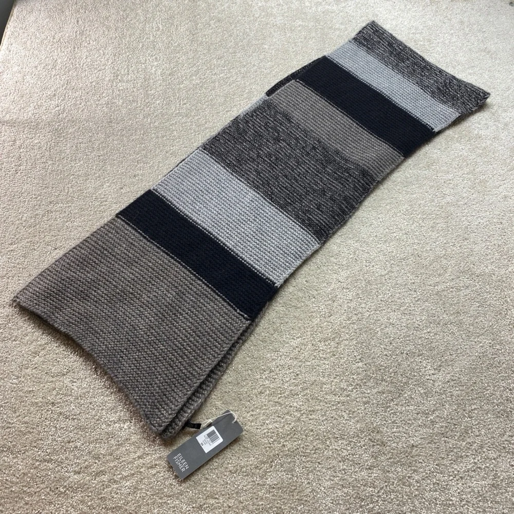 Eileen Fisher Scarf Womens OS Black Grey Colorblock Italian Yarn Knit